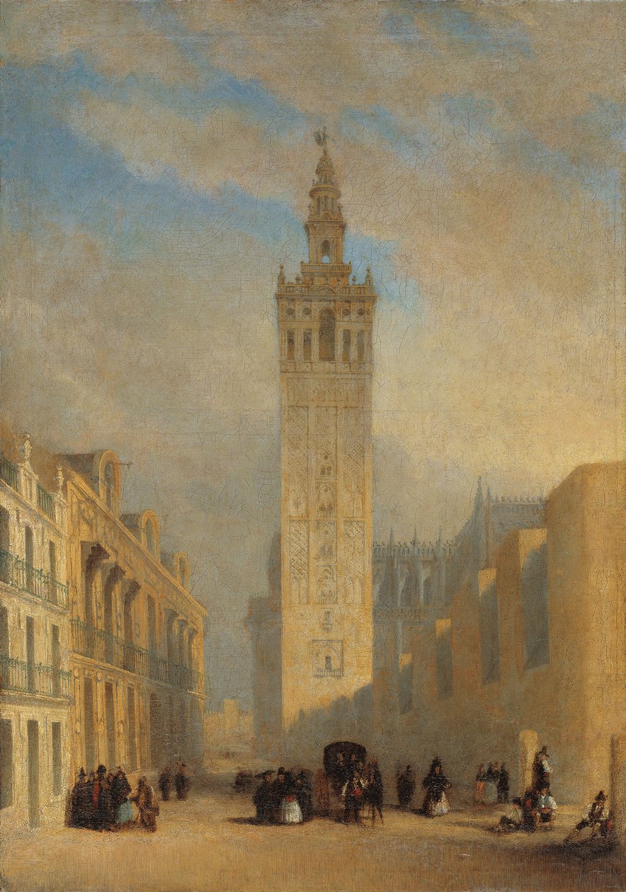 从普拉森丁斯街看到的吉拉尔达 - Dominguez Becquer, Jose (1805-1841) - ca 1836 - 布面油画 - 57.4x40.2 - Museo Carmen Thyssen, 马拉加 作者 何塞·多明格斯·贝克尔