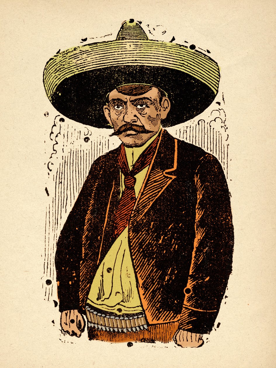 墨西哥革命 - 埃米利亚诺·萨帕塔 (Emiliano Zapata)，c.1910-1912（木版画） 作者 何塞·瓜达卢佩·波萨达