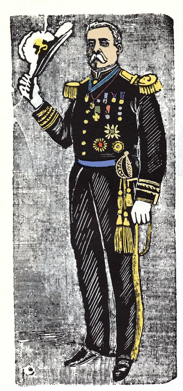 墨西哥革命（1910-1920）：波菲里奥·迪亚兹（Porfirio Diaz，1828-1915），墨西哥共和国总统。 Jose Guadalupe Posada (1852-1913) 的木版画。 作者 何塞·瓜达卢佩·波萨达