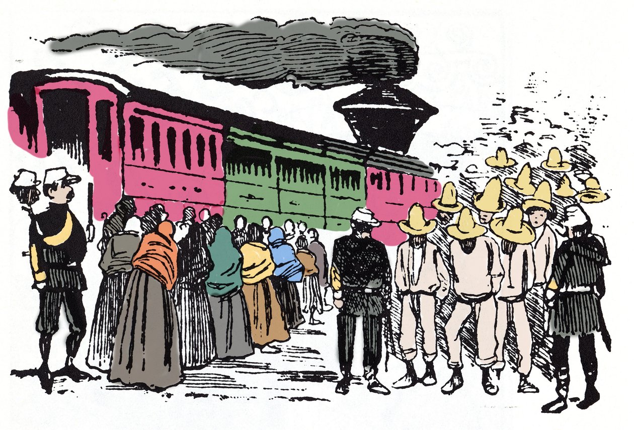 墨西哥革命（1910-1920）：大约 1908 年，国家山谷的工人被驱逐 - Jose Guadalupe Posada（1852-1913）的木版画 作者 何塞·瓜达卢佩·波萨达