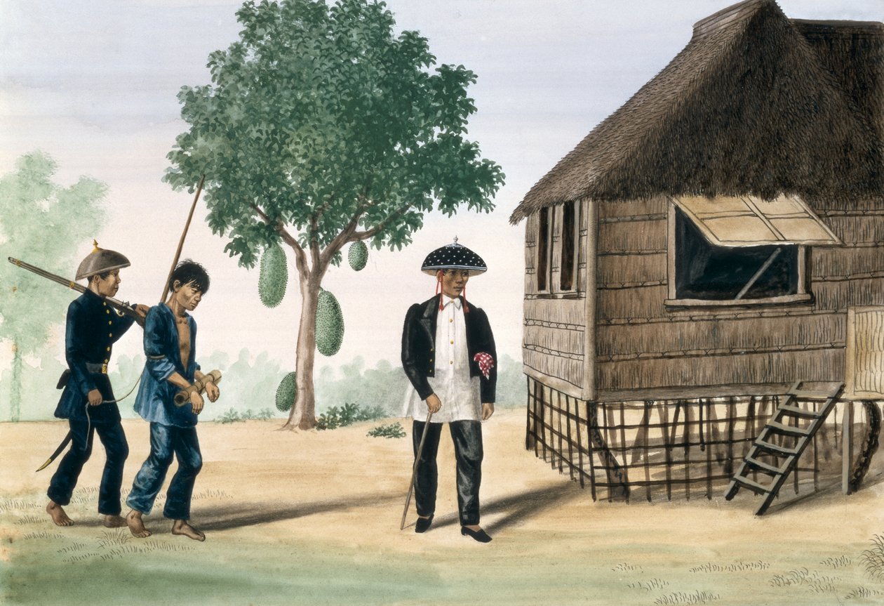 1845年，《马尼拉及其周边地区景象集》中由警察和参议员率领的囚犯 作者 何塞·霍诺纳托·洛萨诺