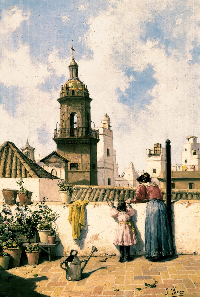 Roof terrace in Cadiz. A mother and daughter probably watering the plants with the watering can in the middle of the terrace. Painting by Jose PEREZ SIGUIMBOSCUM (19th century), late 19th century Oil on canvas. Cadiz, Museo Provincial de Cadiz. 作者 何塞·佩雷斯·西吉姆博索姆