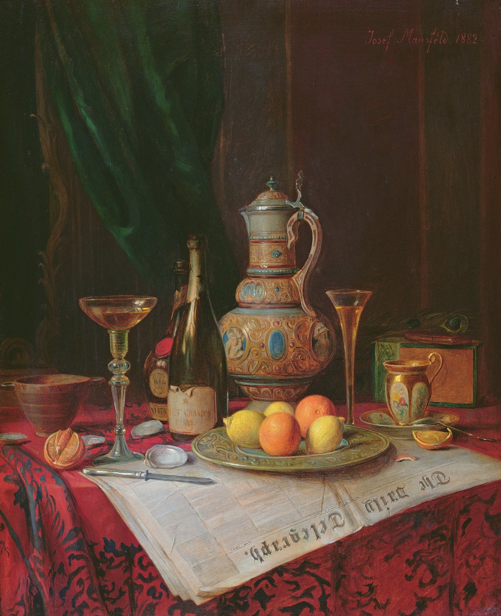 静物与一瓶香槟，1882年（面板） 作者 约瑟夫·曼斯菲尔德
