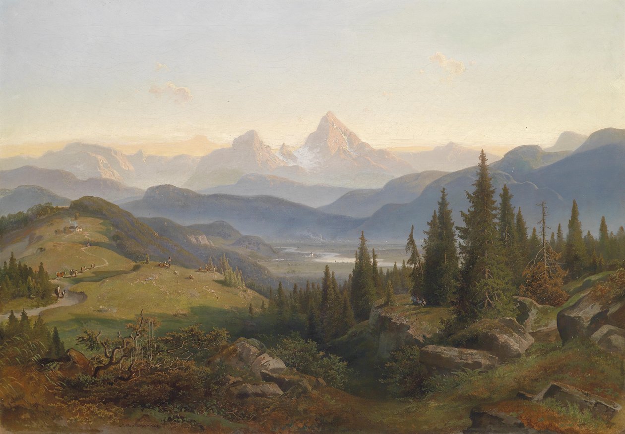 与山脉的风景，在背景中Watzmann 作者 约瑟夫·梅伯格