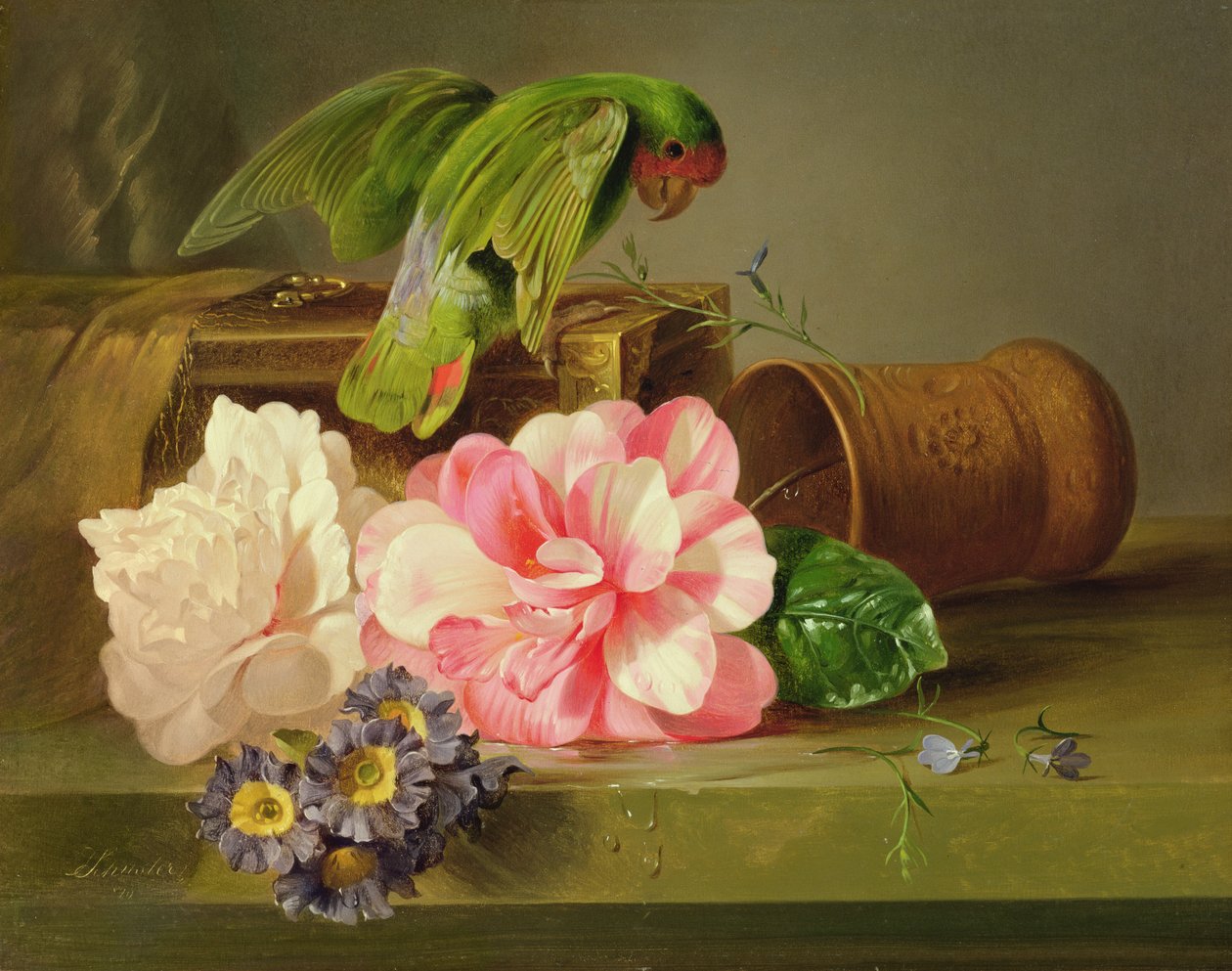 静物与鹦鹉，1879年 作者 约瑟夫·舒斯特（Josef Schuster）