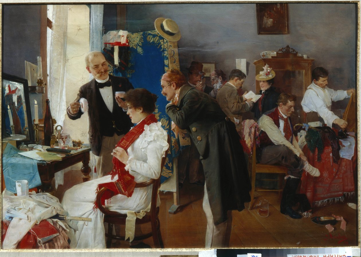 "" Dans la loge ""（在更衣室里）艺术家们为演出做准备 Josef Douba 的绘画（1866-1928）19 世纪晚期布面油画 - 私人收藏 作者 约瑟夫·杜巴（Josef Douba）