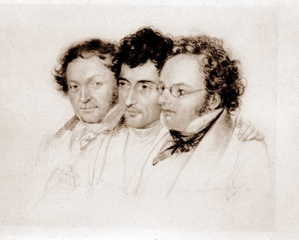 从左到右：Jenger、Httenbrenner 和 F. Schubert。 Feltscher 的《水彩画》。 作者 约瑟夫·爱德华·特尔切