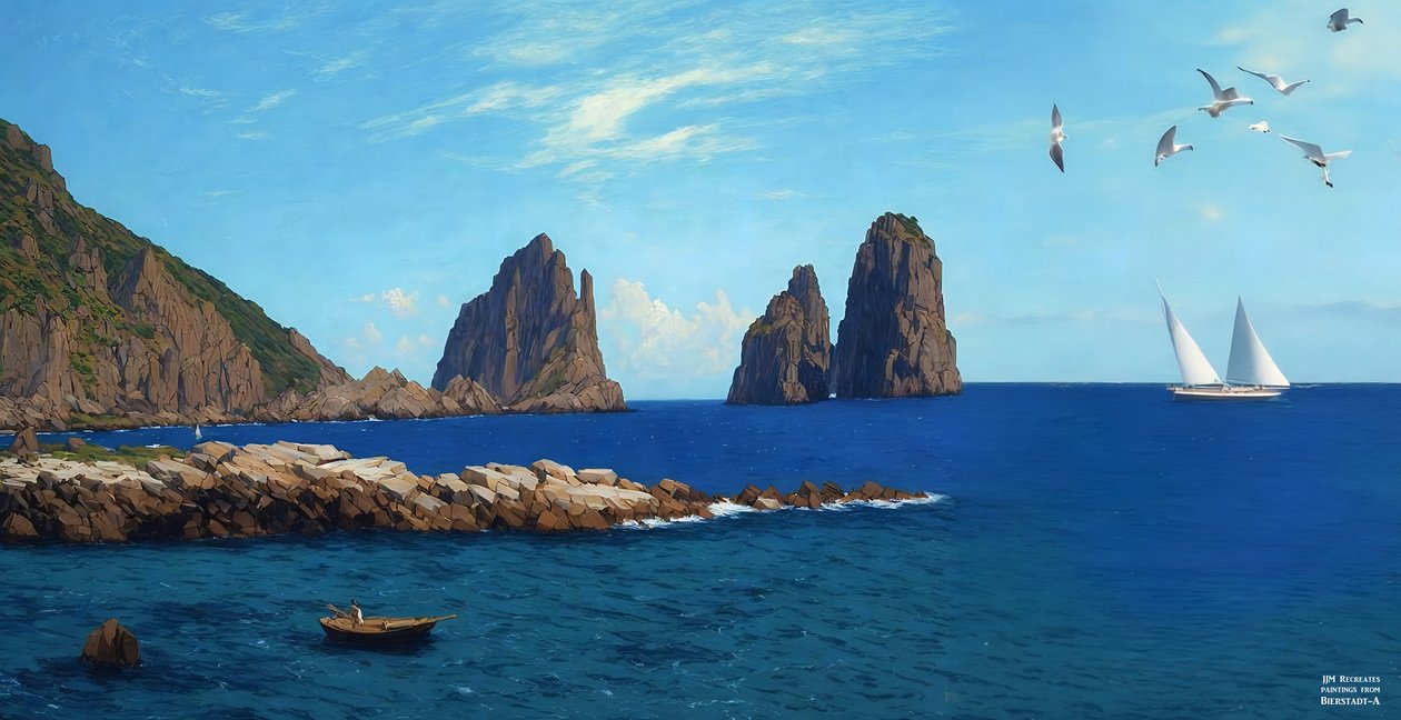 JJM 重现 Bierstadt-A：从岩石上划船 作者 约瑟夫·约翰·迈克尔