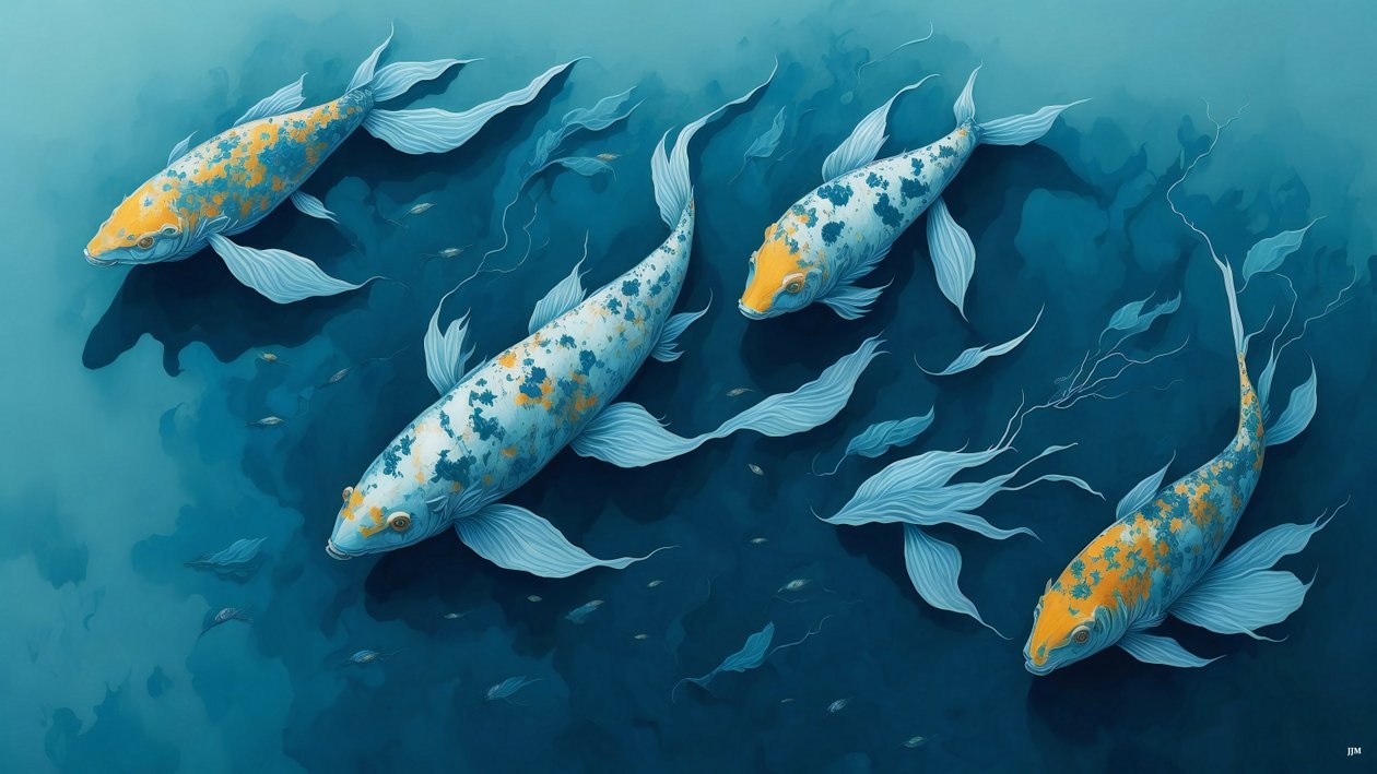 水墨画：锦鲤_蓝_02 作者 约瑟夫·约翰·迈克尔