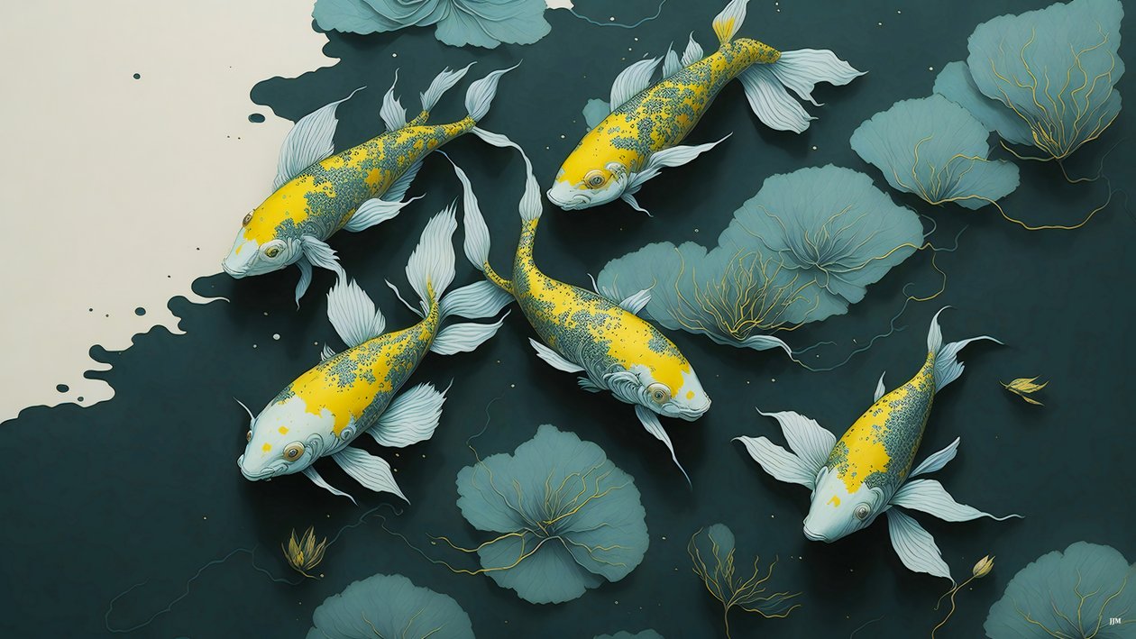 水墨画：Koi-Karpfish_gold_02 作者 约瑟夫·约翰·迈克尔