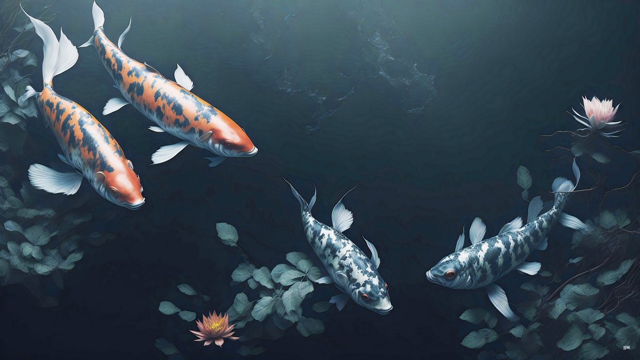 水墨画：Koi-Karpfish_red+white_01 作者 约瑟夫·约翰·迈克尔