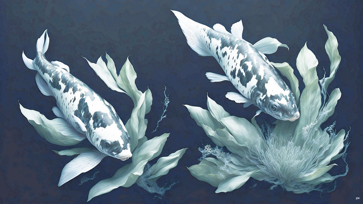 水墨画：锦鲤_白色大理石_01 作者 约瑟夫·约翰·迈克尔