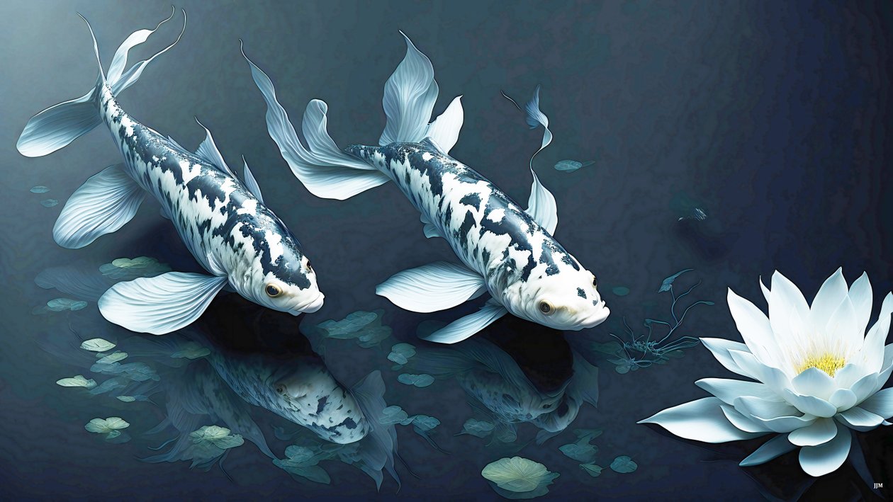 水墨画：锦鲤_白色大理石_02 作者 约瑟夫·约翰·迈克尔