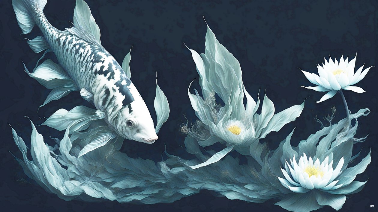 水墨画：锦鲤_白色大理石_03 作者 约瑟夫·约翰·迈克尔