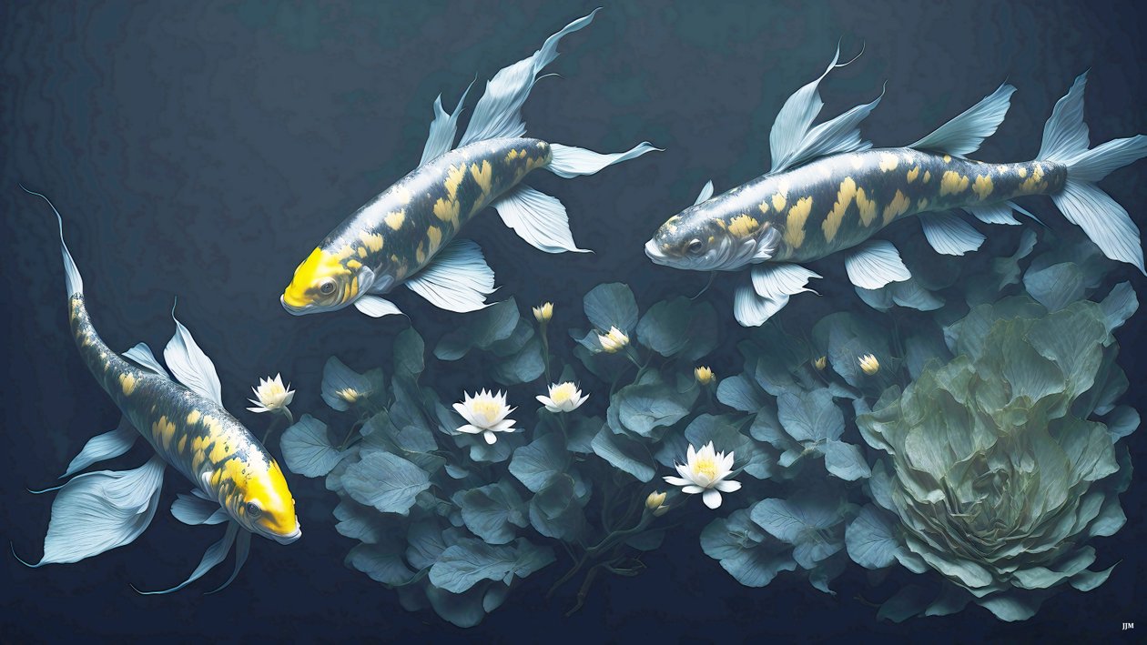 水墨画：锦鲤_黄_03 作者 约瑟夫·约翰·迈克尔