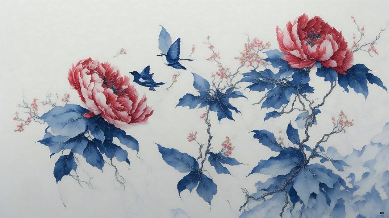 水墨画：蓝色的牡丹_02 作者 约瑟夫·约翰·迈克尔
