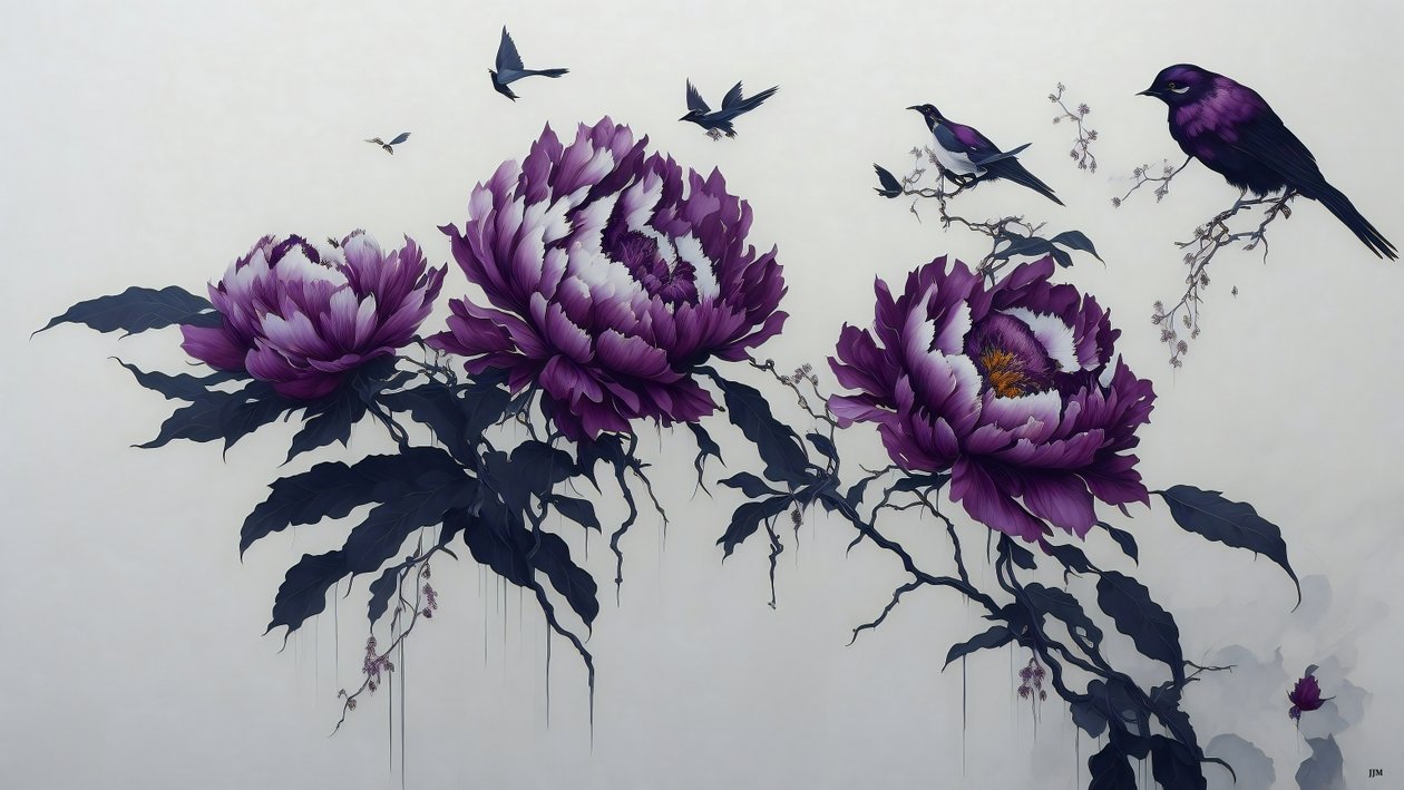 水墨画：深紫色的牡丹_01 作者 约瑟夫·约翰·迈克尔