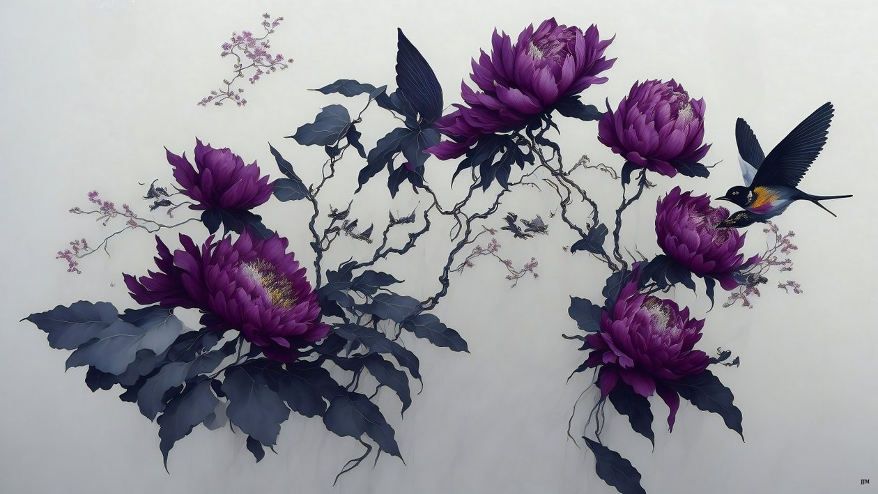 水墨画：深紫牡丹_02 作者 约瑟夫·约翰·迈克尔