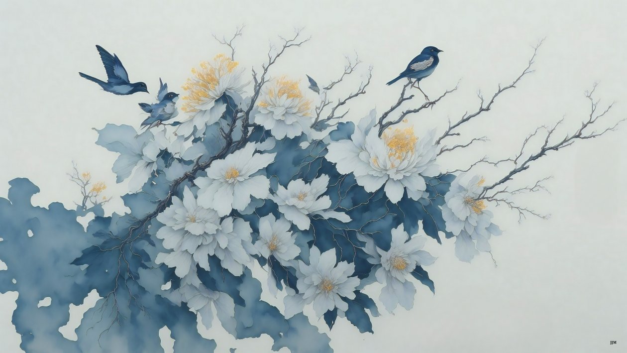 水墨画：蓝色菊花_02 作者 约瑟夫·约翰·迈克尔