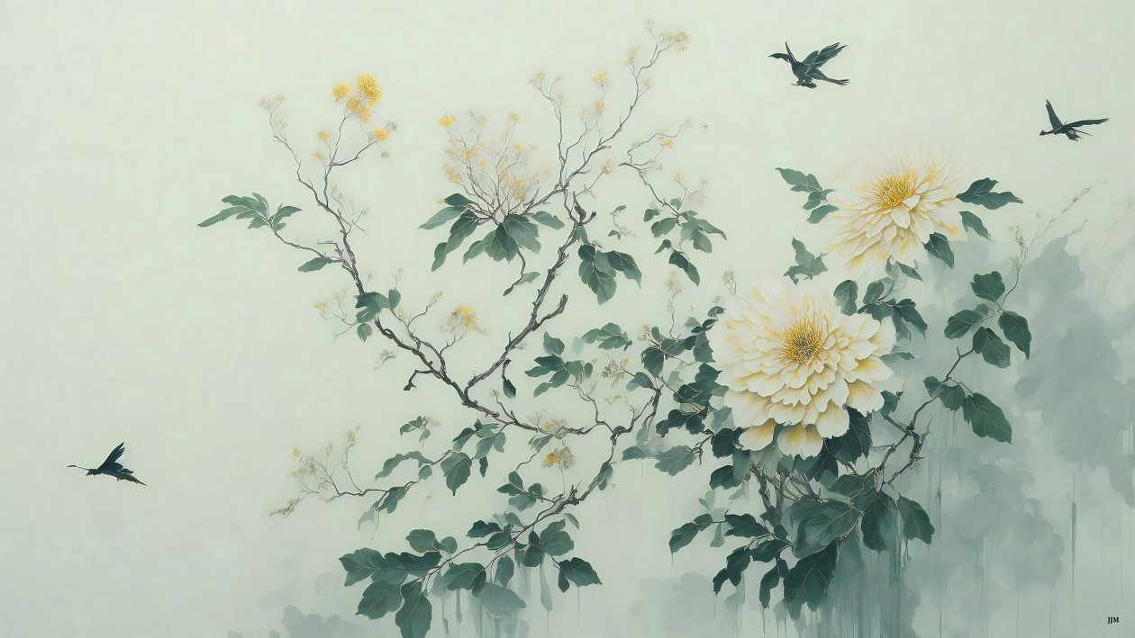 水墨画：绿菊_01 作者 约瑟夫·约翰·迈克尔