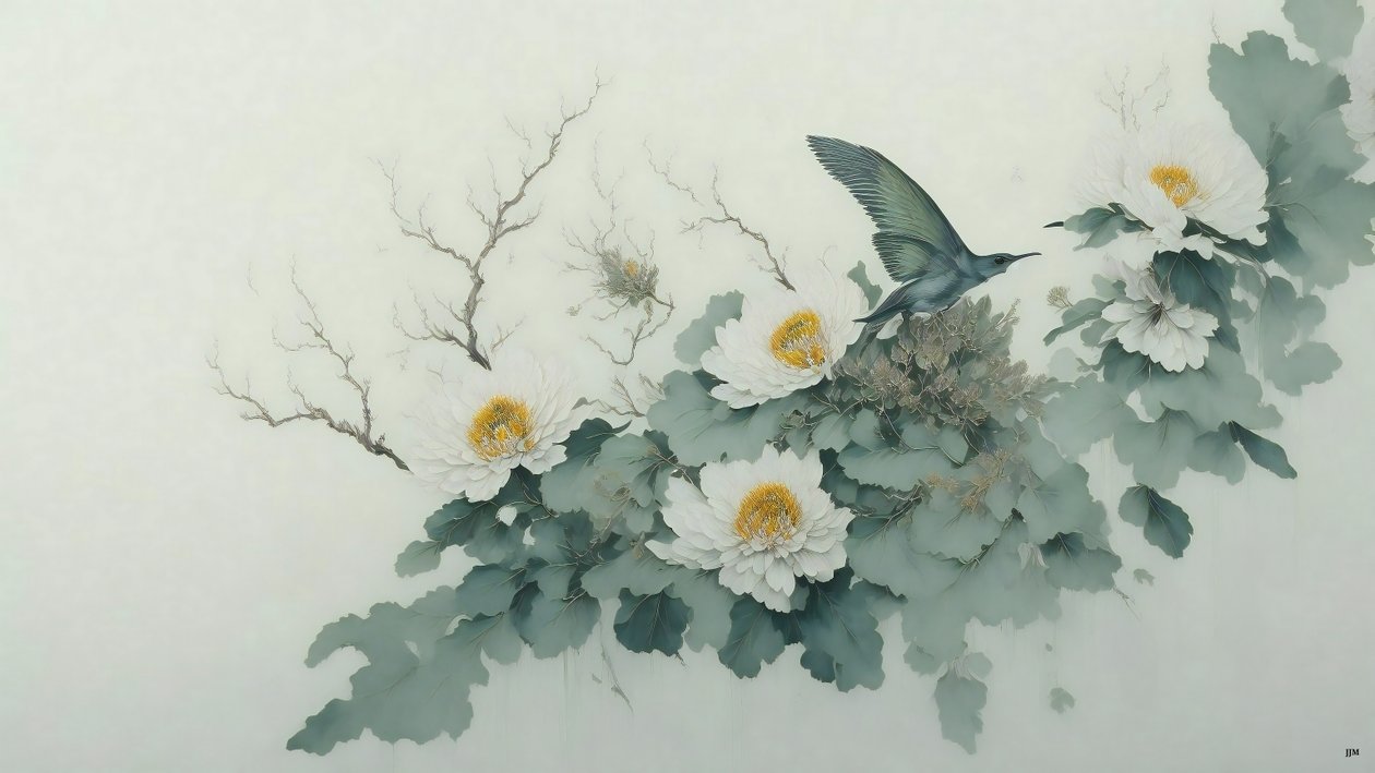 水墨画：绿菊_02 作者 约瑟夫·约翰·迈克尔