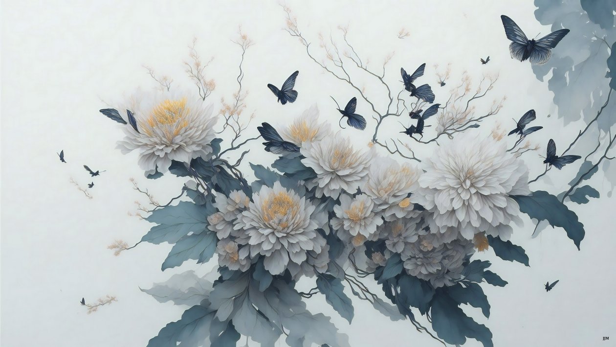 水墨画：白描菊花_01 作者 约瑟夫·约翰·迈克尔