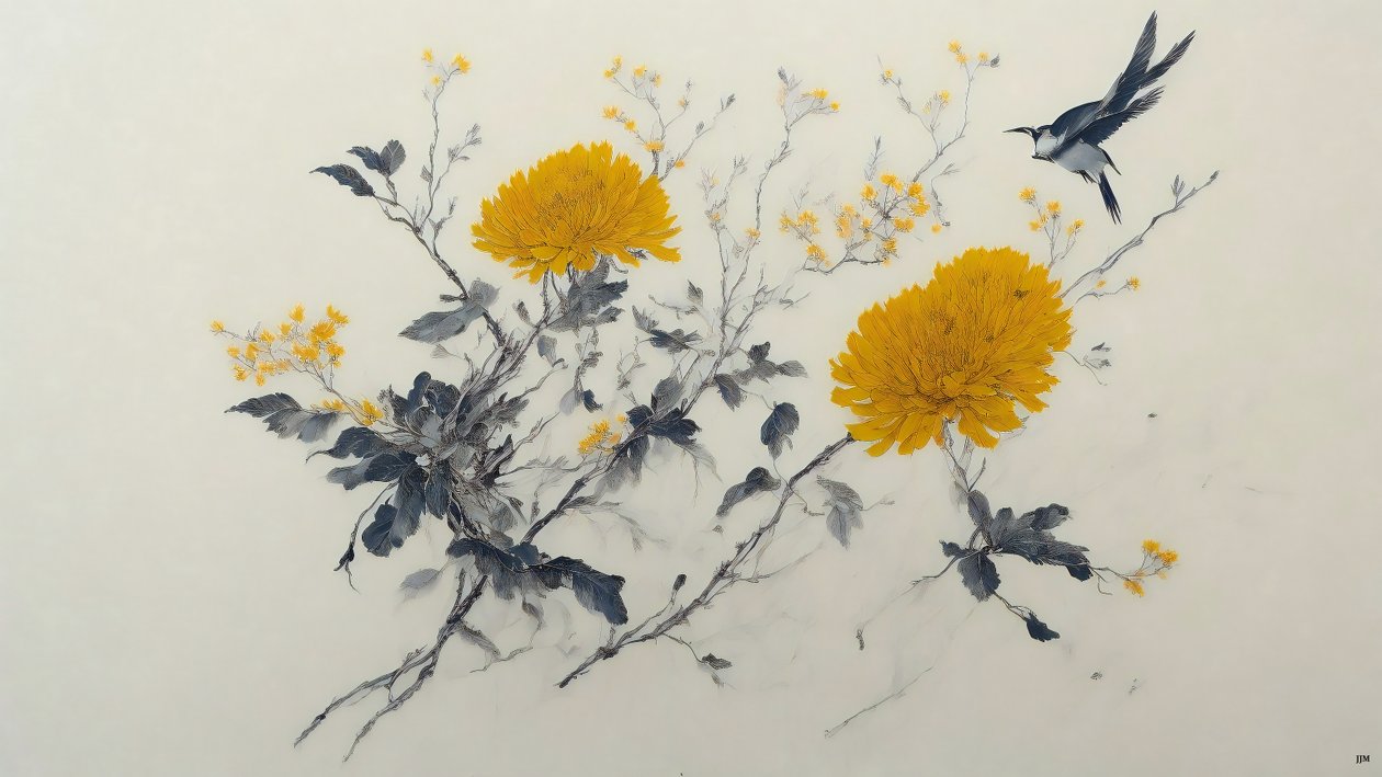 水墨画：黄菊花_01 作者 约瑟夫·约翰·迈克尔