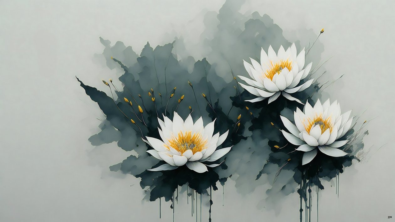 水墨画：睡莲_02 作者 约瑟夫·约翰·迈克尔