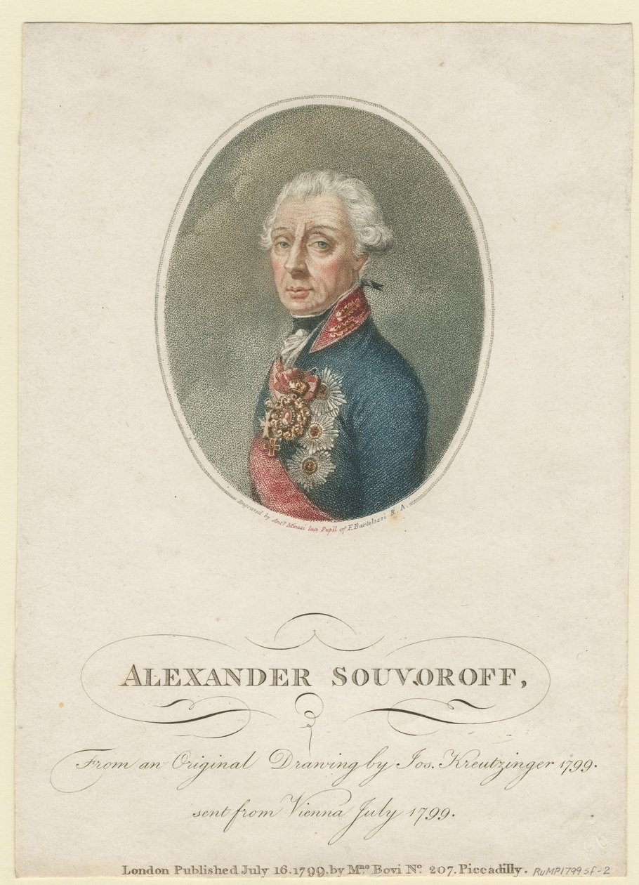 元帅大元帅亚历山大·苏沃洛夫亲王的肖像 (Alexandre Souvorov) (1729-1800) - Kreuzinger, Josef (1757-1829) - 1799 - 蚀刻，水彩 - 22,5x16 - 私人收藏 作者 约瑟夫·克鲁辛格