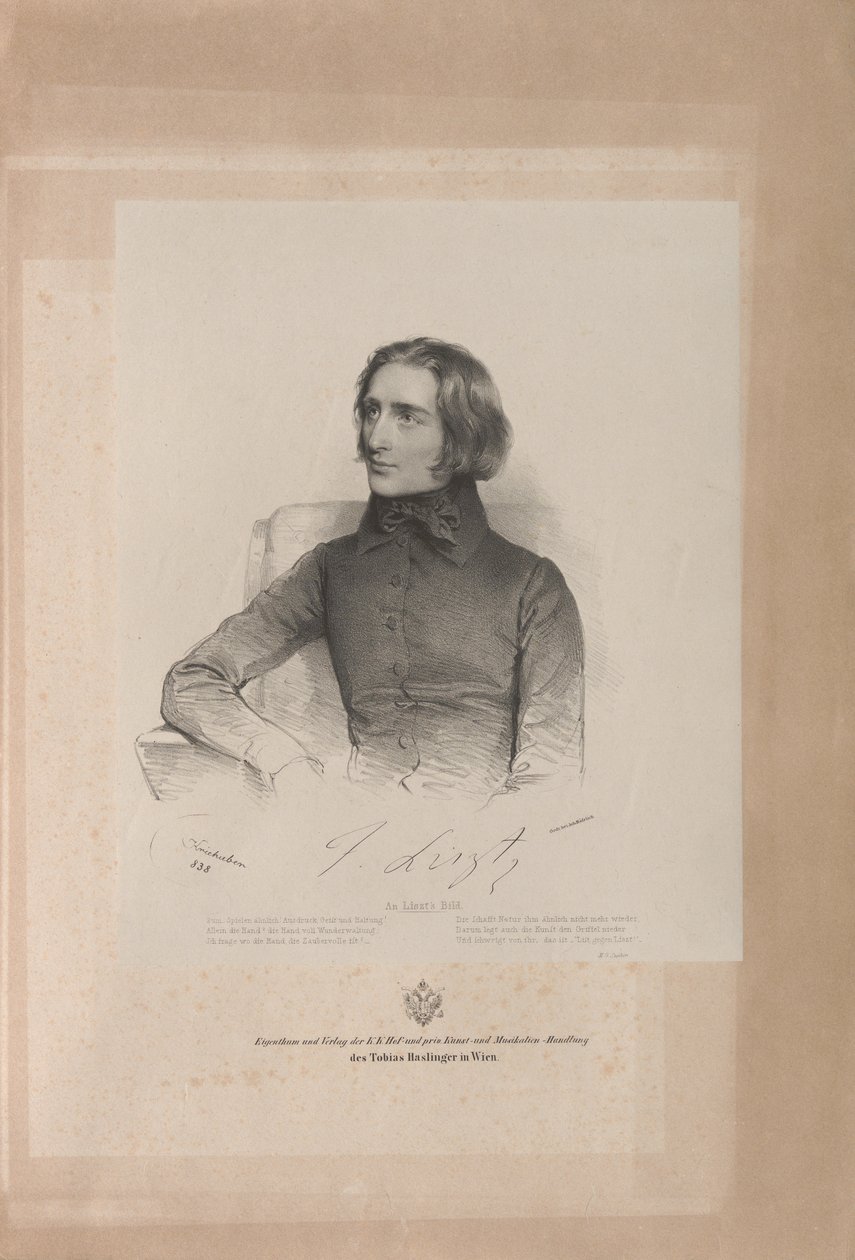 弗朗兹-李斯特1811-1886年的肖像，1838年。 作者 约瑟夫·克里胡伯（Josef Kriehuber）