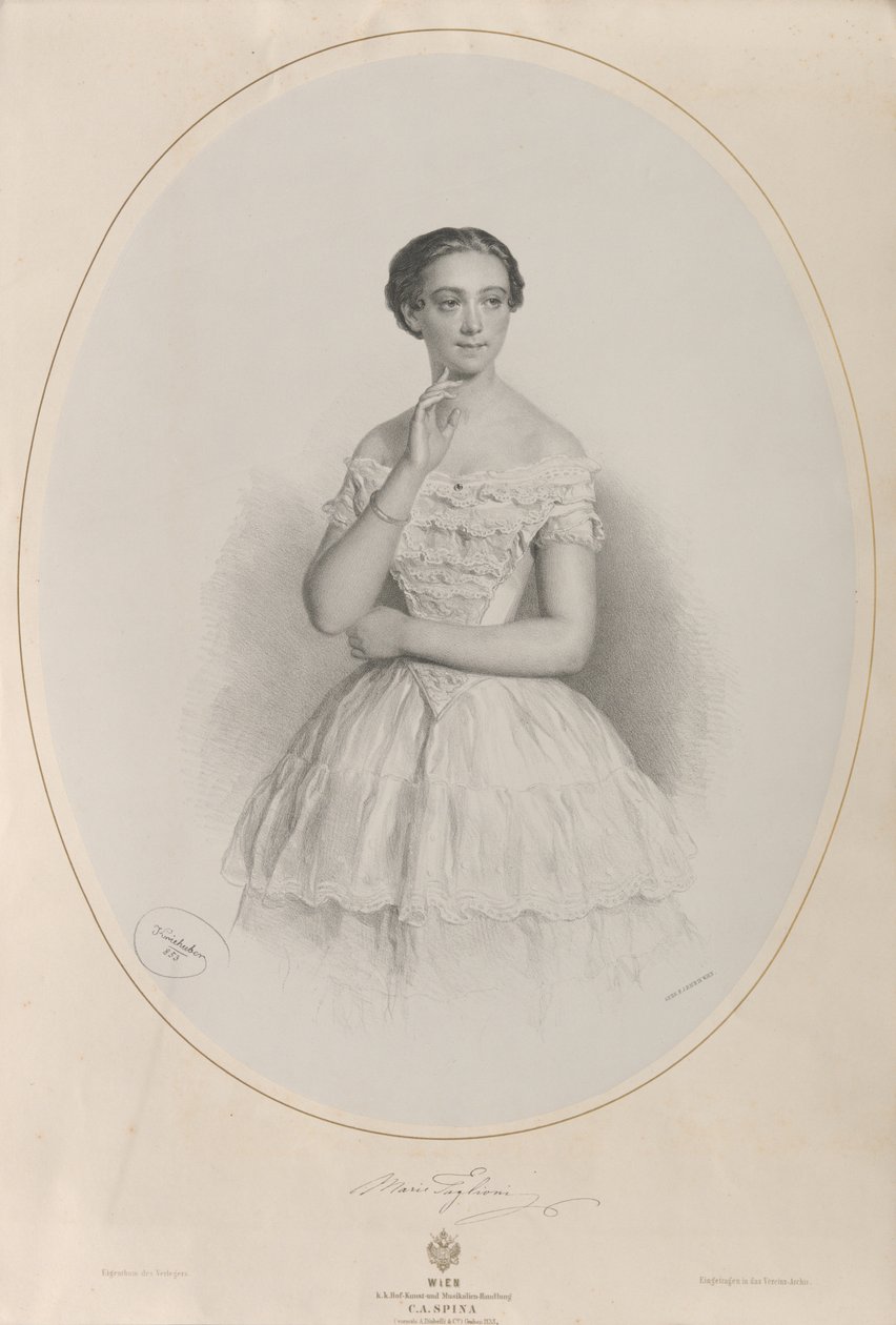芭蕾舞演员玛丽-塔格利奥尼1804-1884年的画像，1853年。 作者 约瑟夫·克里胡伯（Josef Kriehuber）