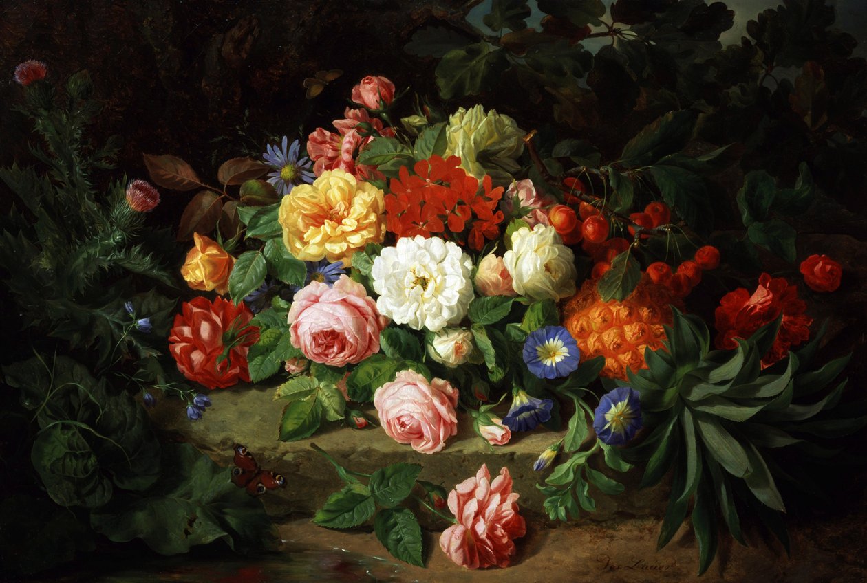 夏花（玫瑰、报春花）和水果（菠萝、樱桃）静物。约瑟夫-劳尔（1818-1881 年）的画作，私人收藏。 作者 约瑟夫·劳尔