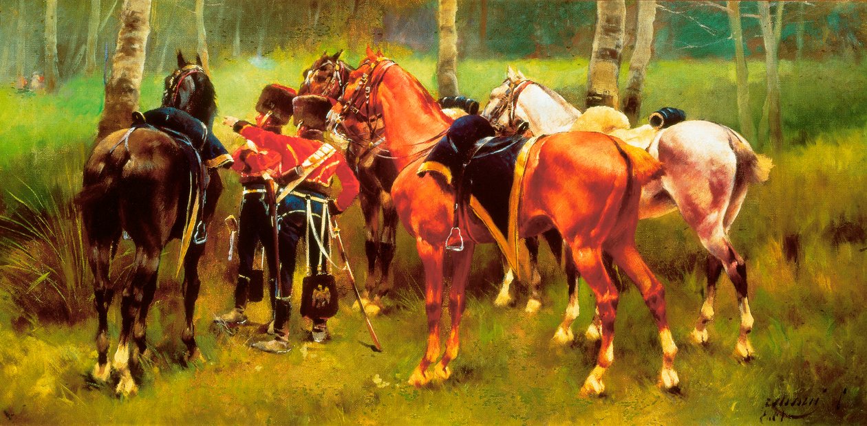 "森林中的轻骑兵和马群"，Josep Cusachs i Cusachs（1851-1908 年）的作品。1905. 作者 约瑟夫·库萨斯（Josep Cusachs）和库萨斯（Cusachs）