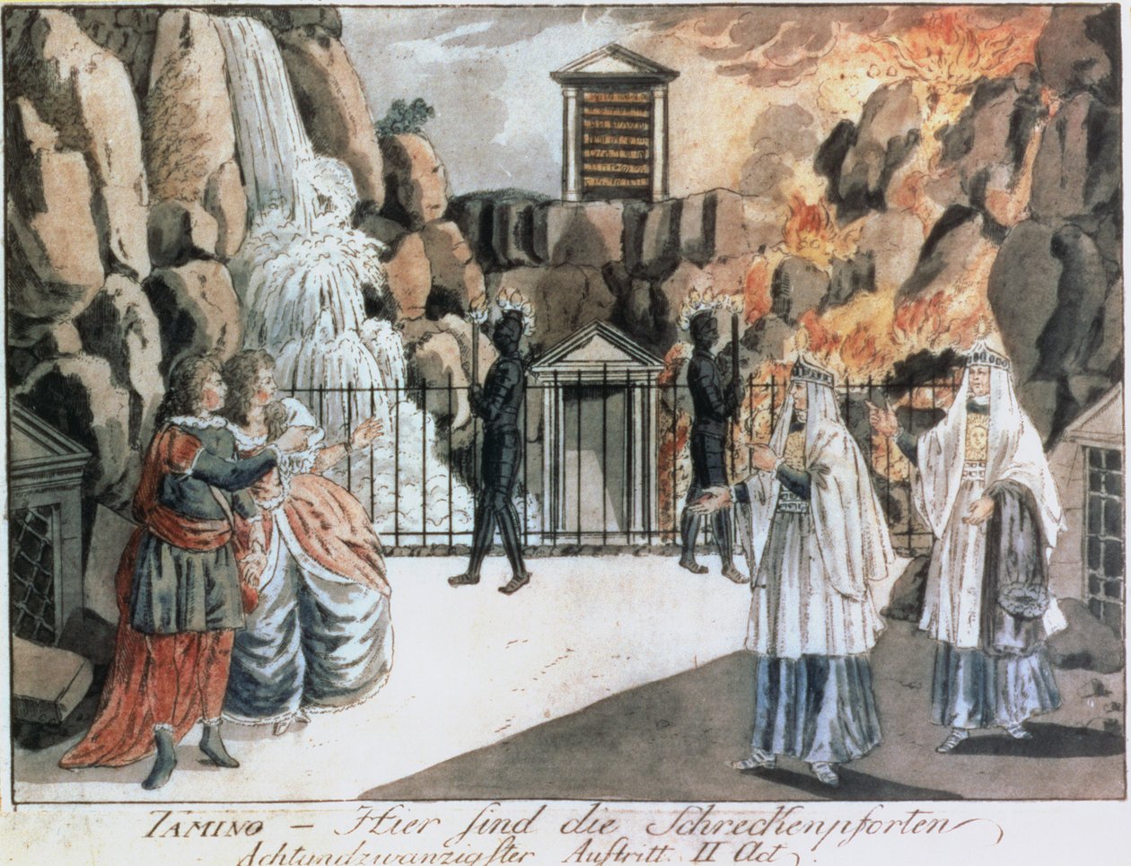 寺庙前的Tamino和Pamina，来自Wolfgang Amadeus Mozart（1756-91）的“The Magic Flute”，来自&39;Allgemeines Europaisches Journal&39;的插图，1795年出版（彩色雕刻） 作者 约瑟夫和彼得·沙弗