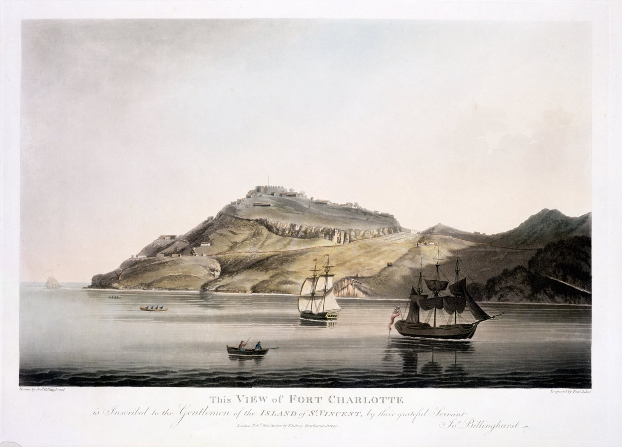 查看夏洛特堡在圣文森特岛，刻和酒吧。作者：Francis Jukes（1747-1812），1800（彩色aquatint） 作者 约瑟夫·比林赫斯特
