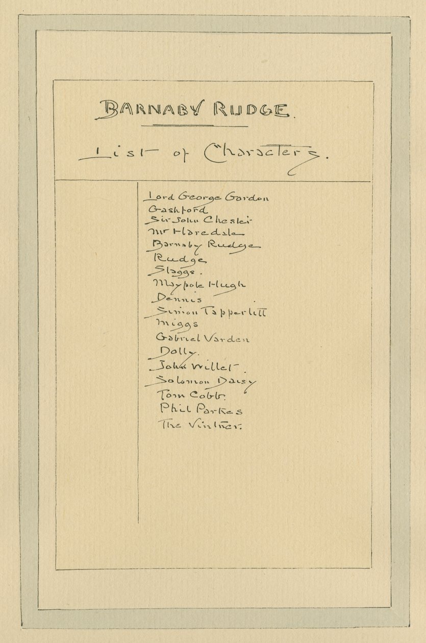 Barnaby Rudge的字符列表，c.1920s（笔和墨水在纸上用wc） 作者 约瑟夫·克莱顿·克拉克