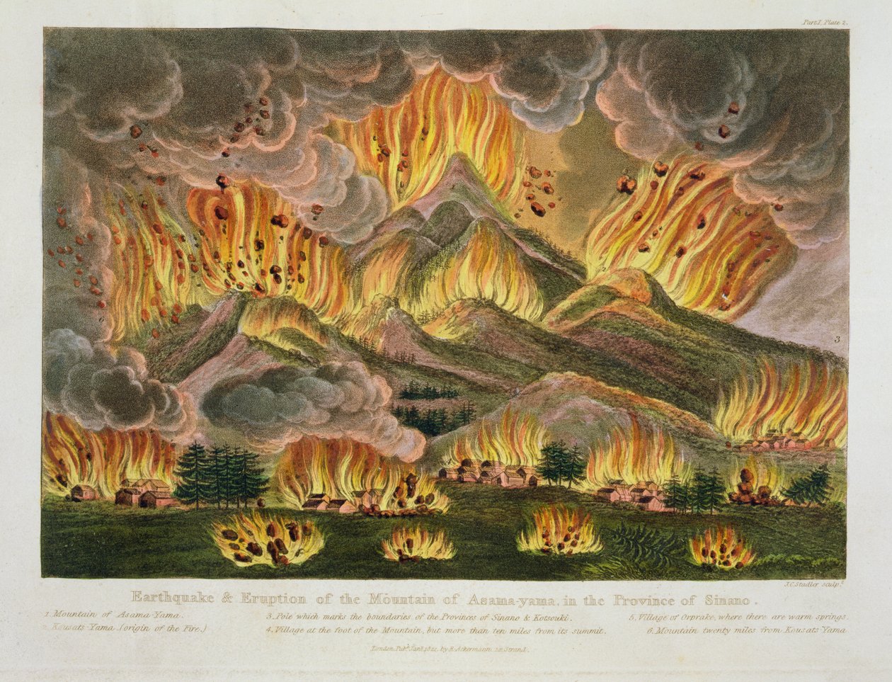 锡纳诺省Asama-yama山的地震和爆发，来自Isaac Titsingh（1740-1812）的“日本插图”，于1822年在伦敦出版 作者 约瑟夫·康斯坦丁·斯塔德勒
