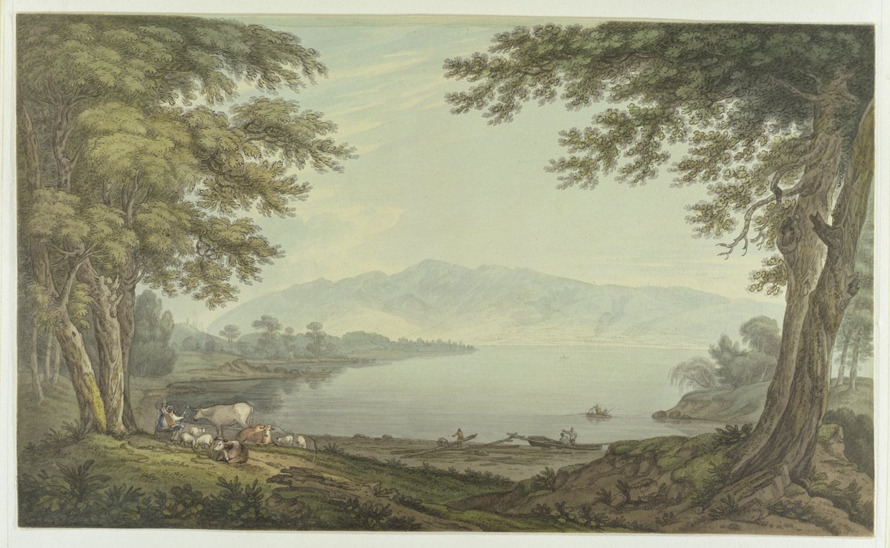 Skiddaw和Derwent Water（在纸上用石墨涂上蜡笔） 作者 约瑟夫·法灵顿