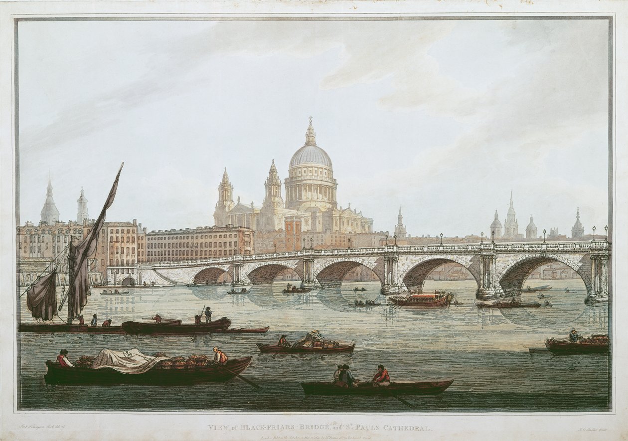 Blackfriars Bridge和St.Paul&39;s Cathedral的视图，由JC Stadler（fl.1780-1812），酒吧雕刻。 1790年由William Byrne（aquatint） 作者 约瑟夫·法灵顿