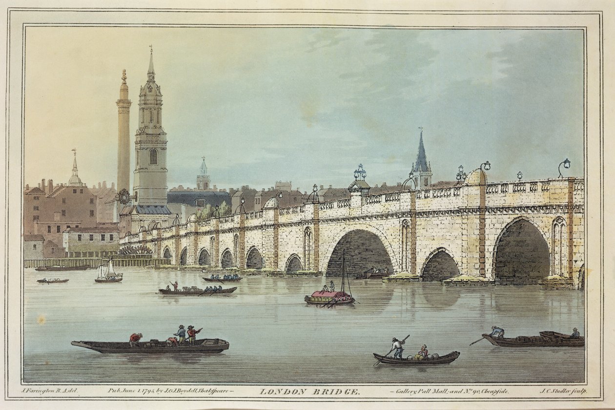 旧伦敦桥的视图，由JC Stadler（fl.1780-1812），1795年（彩色aquatint）刻 作者 约瑟夫·法灵顿