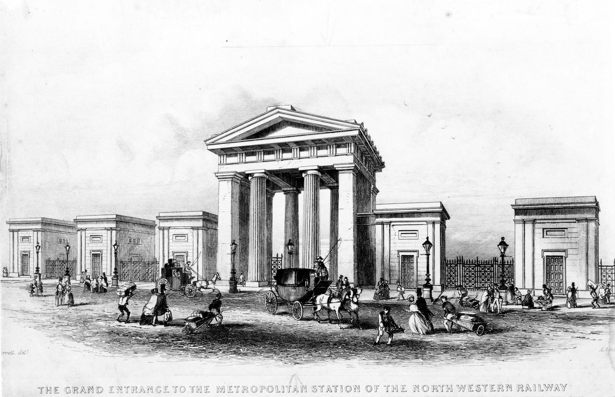 西北铁路大都会车站的大门，由阿尔弗雷德阿什利（Alfred Ashley）雕刻，c.1837 作者 约瑟夫·弗朗西斯·伯雷尔