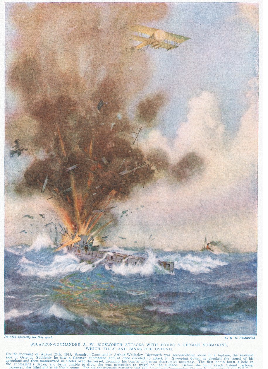 Squadron-Commander AW Bigsworth用炸弹袭击德国潜艇，这艘潜水艇充满了水并从奥斯坦德下沉，这是来自Hutchinson und Co.出版的“帝国的激情”。 作者 约瑟夫·哈罗德·斯旺威克