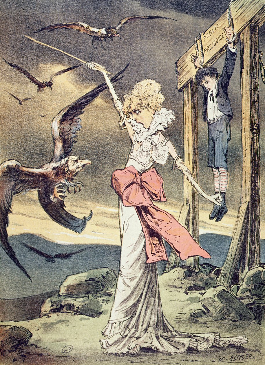 Sarah Bernhardt的漫画描绘为旧约女主人公Rizpah保护她的儿子免受天主教会牧师秃鹫的影响，插图来自&39;Puck&39;杂志，1880年12月（colo 作者 约瑟夫·开普勒