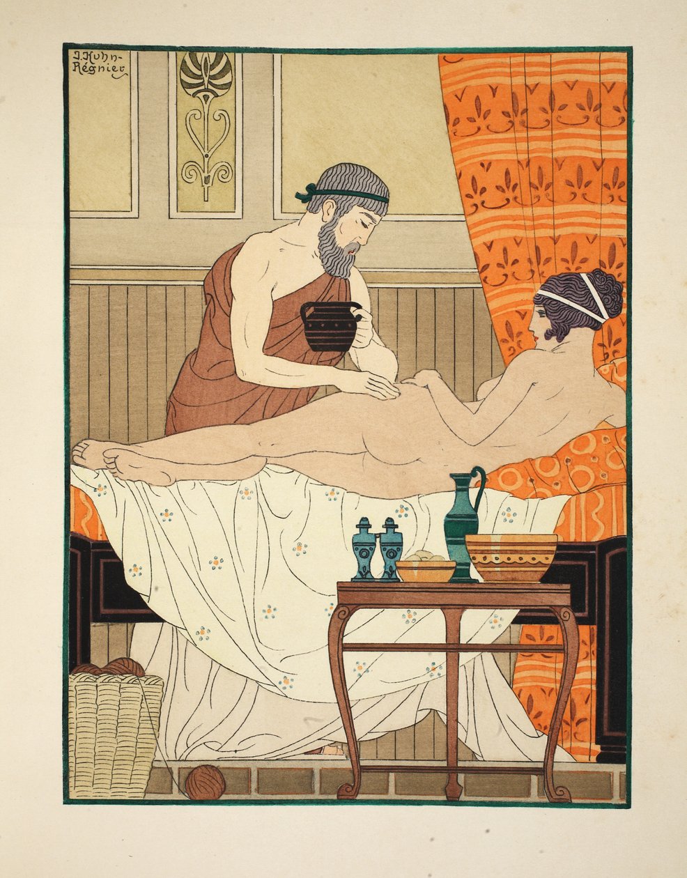 白色埃及香水在臀部的应用，来自“希波克拉底的作品”，1934年的插图 作者 约瑟夫·库恩·雷尼尔