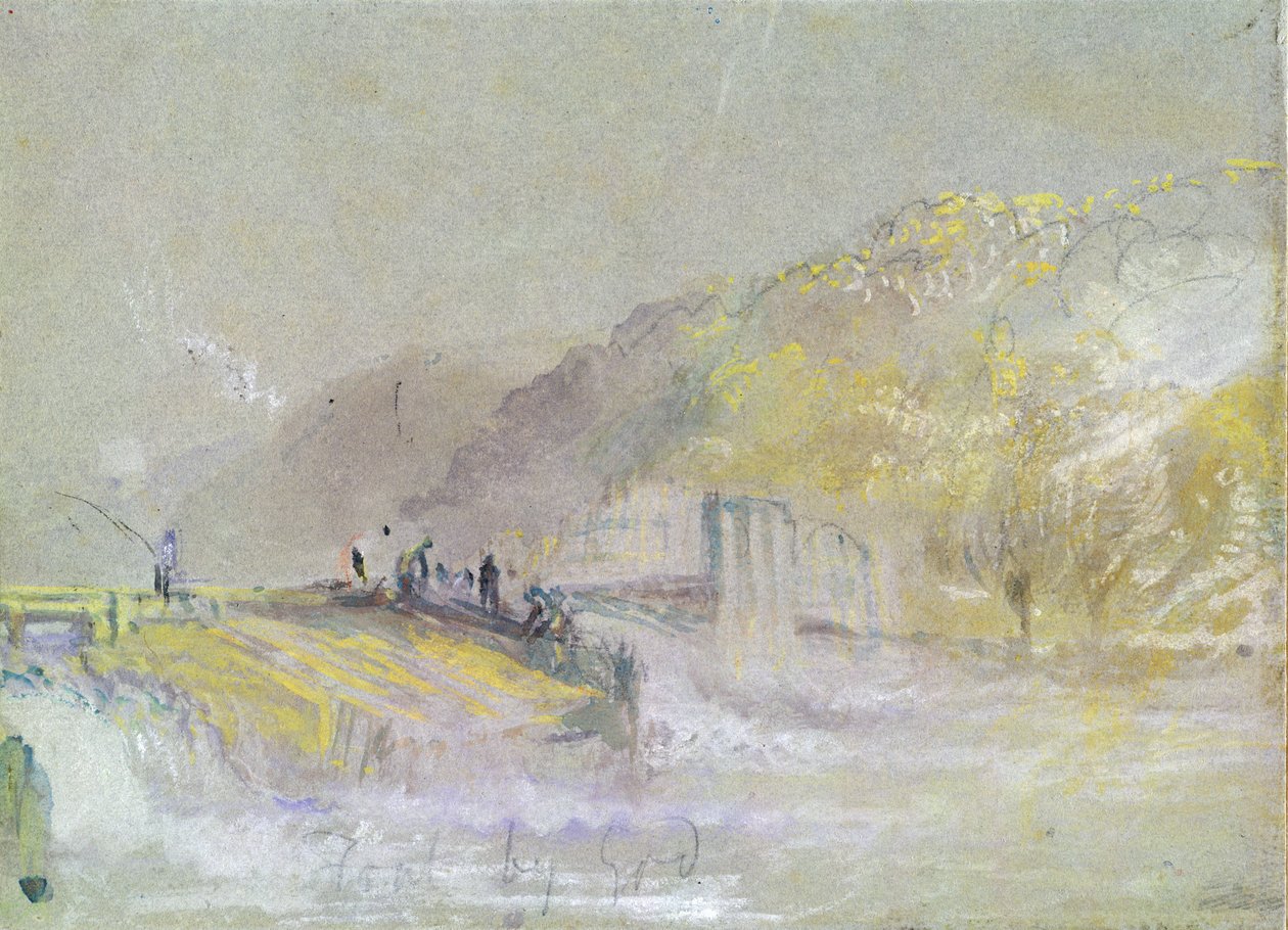 上帝犯规：河流景观与钓鱼者从堰钓鱼，1830年（wc und bodycolour with pencil and chalk in paper） 作者 约瑟夫·马洛德·威廉·特纳