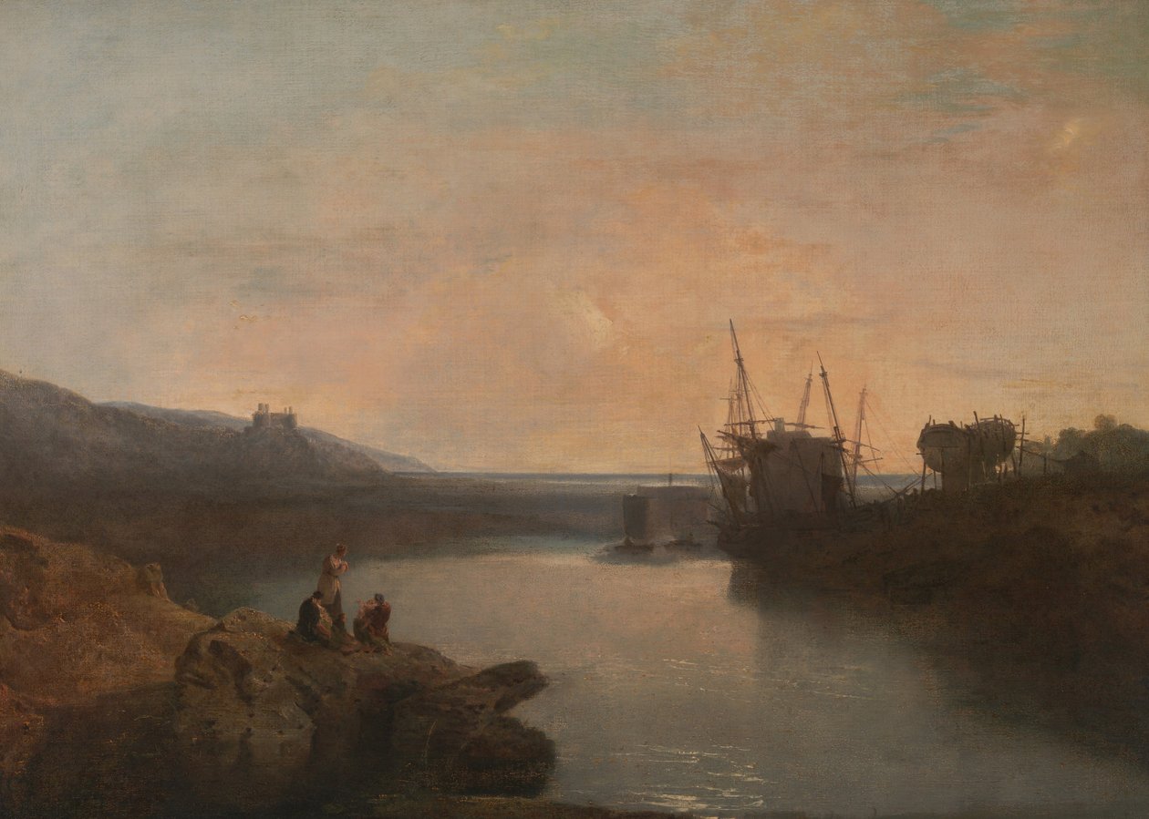 Harlech城堡，来自Twgwyn Ferry，Summers Evening Twilight 作者 约瑟夫·马洛德·威廉·特纳