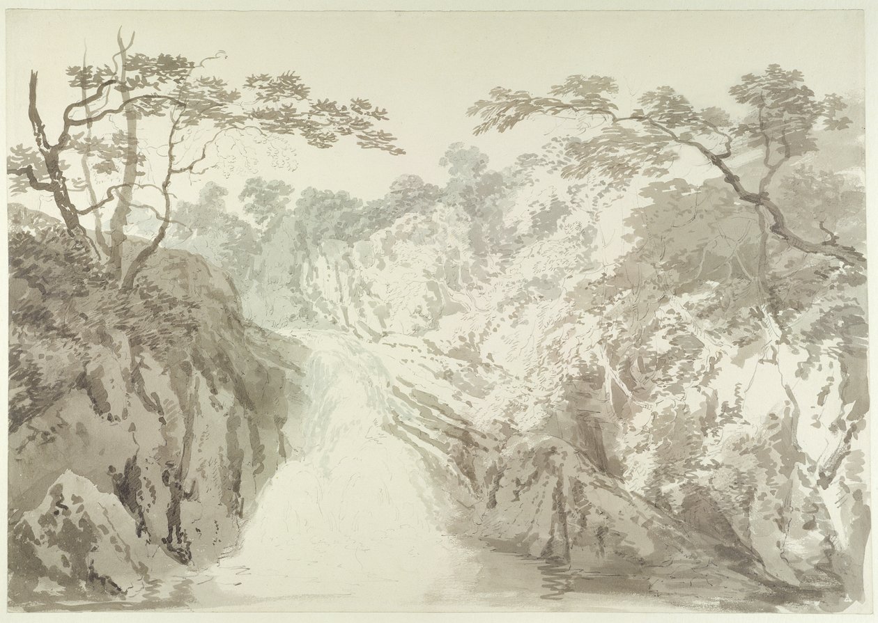 景观与瀑布，c.1796（石墨和纸上洗） 作者 约瑟夫·马洛德·威廉·特纳