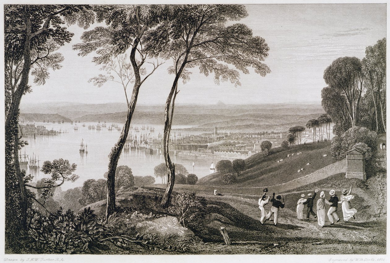 Mount Edgecombe的普利茅斯码头，来自英国南部海岸的Cooke&39;s风景如画的景观，由William Bernard Cooke（1778-1855）1814-26刻制 作者 约瑟夫·马洛德·威廉·特纳
