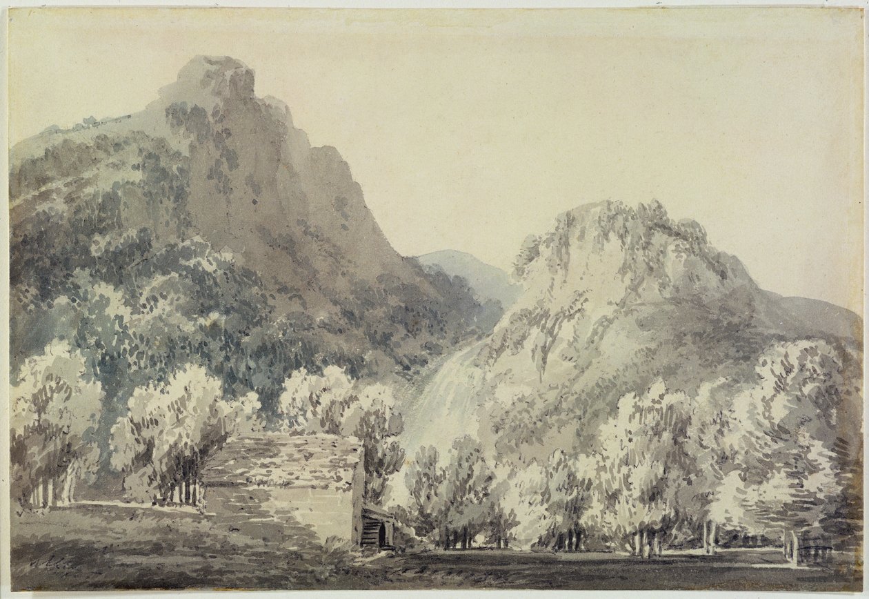 在Lodore，坎伯兰郡的瀑布（灰色和蓝色洗在纸上的石墨） 作者 约瑟夫·马洛德·威廉·特纳