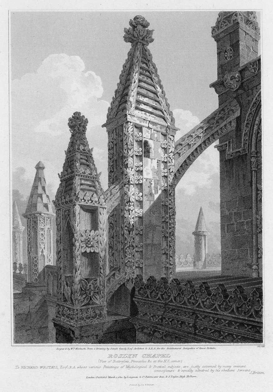 罗斯林教堂（Roslyn Chapel），东北角的扶壁和尖塔，1810年威廉·伍尔诺斯（William Woolnoth）雕刻 作者 约瑟夫·迈克尔·甘迪